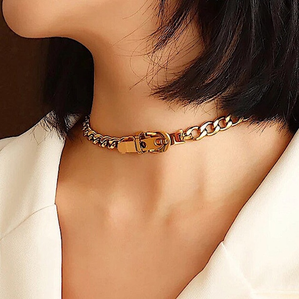 Gold Link Choker Necklace and Bracelet Set - Picture 2 of 14